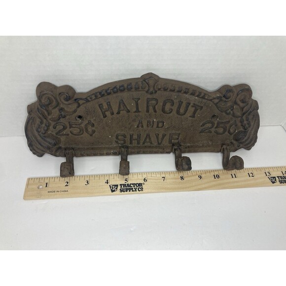 Vintage Cast Iron Sign Haircut and Shave 25¢ with 4 Hooks Antique- Heavy - Picture 4 of 5